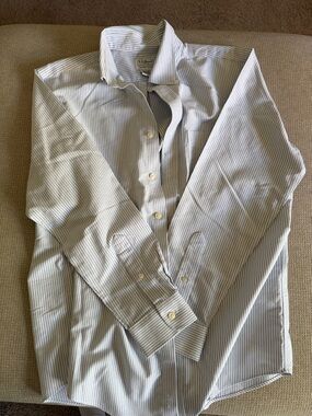 L.L. Bean Men's White Shirt with Light Blue Pinstripes